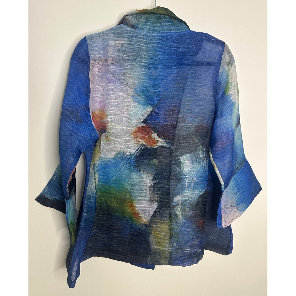 Damee Abstract Art to Wear Sheer Textured Button Up Jacket Topper Blue Medium - Picture 11 of 12